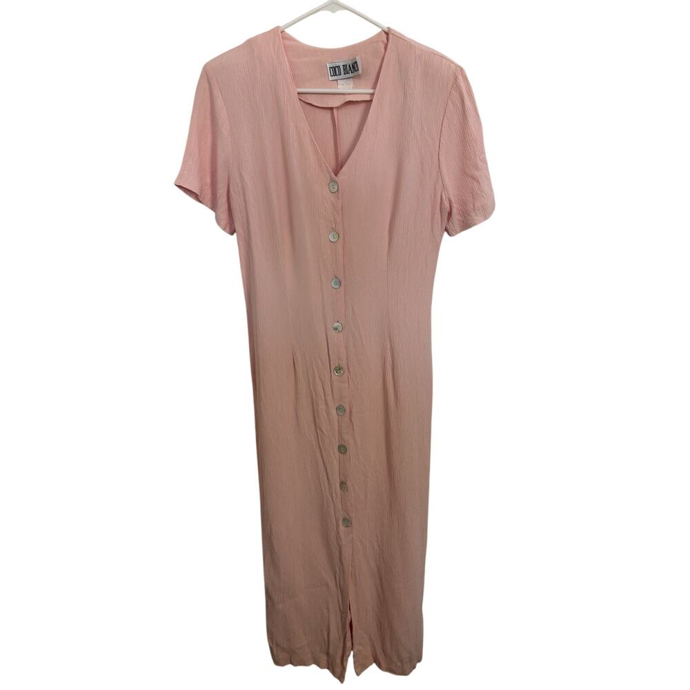 Vtg 90s Peach Crinkle Cottagecore Midi Dress Mother of Pearl Buttons Medium